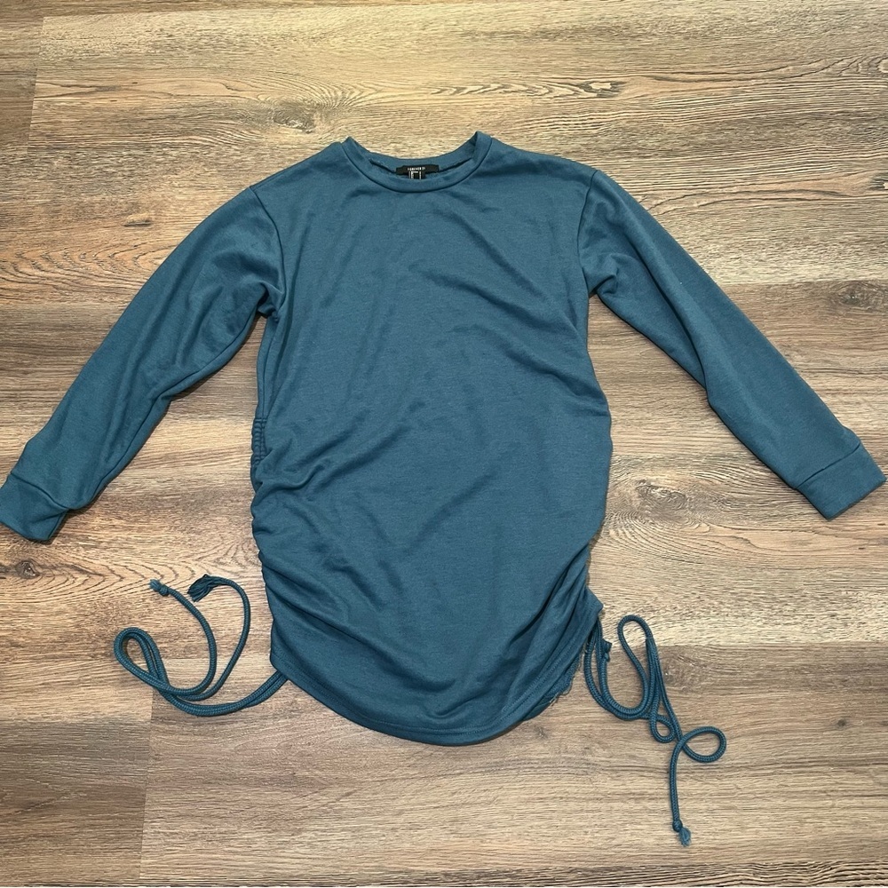 ❄️ Forever 21 Teal Blue Long Sleeve Sweater Dress with Ruched Ties on Side Small